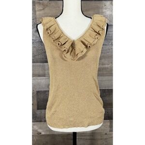 LRL‎ Ralph Lauren Top Womens XL Gold Metallic Shirt Sweater Sleeveless Ruffle